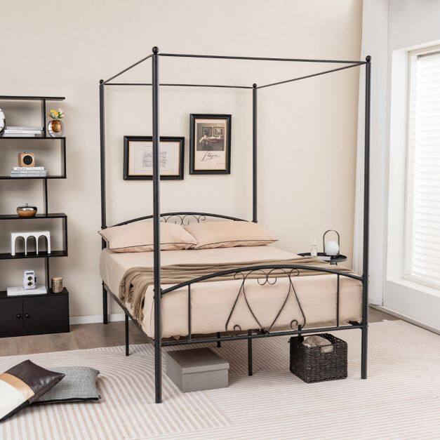 Double Size Metal Canopy Bed Frame-Black Double Size Metal Canopy Bed Frame-Black