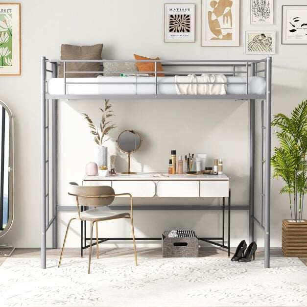 Metal Space-saving Loft Bed Frame with Full-length Safety Guardrail-Silver