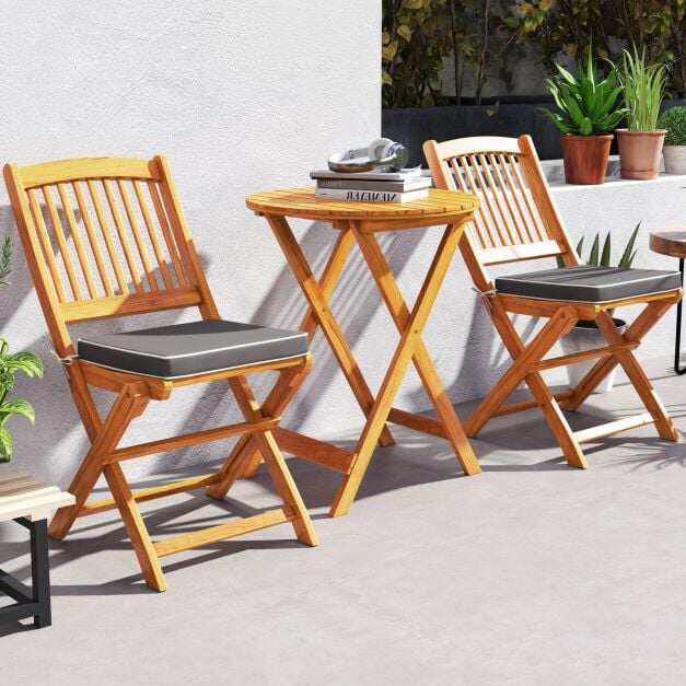 3 Piece Acacia Wood Folding Patio Bistro Set Outdoor Table and Chairs Set with Soft Grey Cushions 3 Piece Acacia Wood Folding Patio Bistro Set Outdoor Table and Chairs Set with Soft Grey Cushions