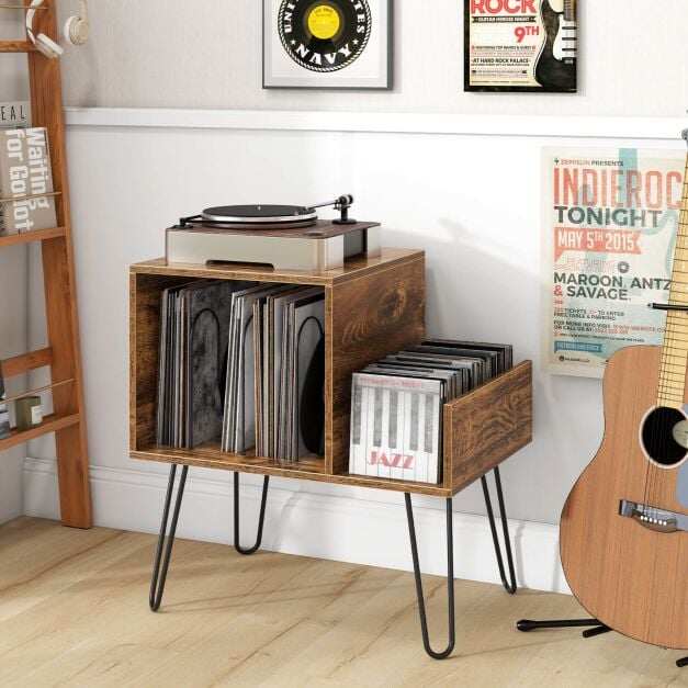 Record Player Stand with Power Outlet and Removable Dividers-Rustic Brown Record Player Stand with Power Outlet and Removable Dividers-Rustic Brown