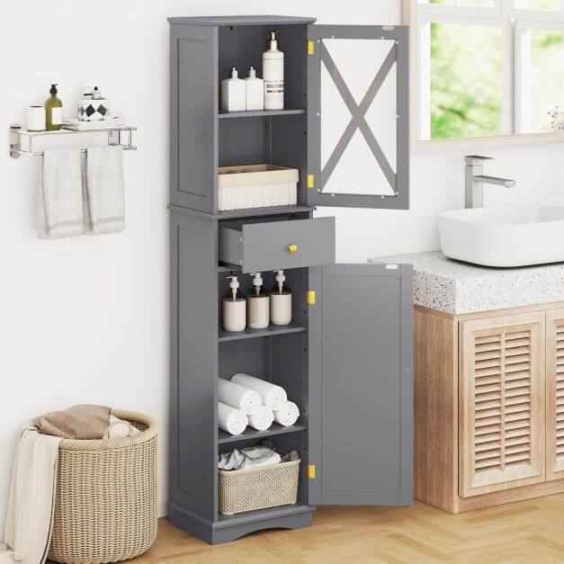 Tall Bathroom Cabinet with Drawer 2 Doors and 3 Adjustable Shelves-Grey Tall Bathroom Cabinet with Drawer 2 Doors and 3 Adjustable Shelves-Grey