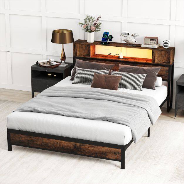 Double Size Bed Frame with LED Lights and Charging Station-Brown Double Size Bed Frame with LED Lights and Charging Station-Brown