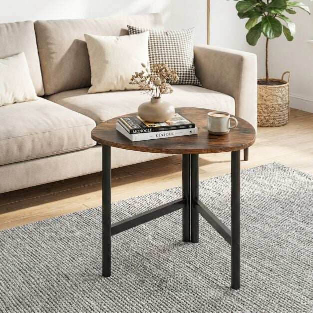 Triangular coffee table with metal legs, oval coffee table, industrial side table, rustic brown