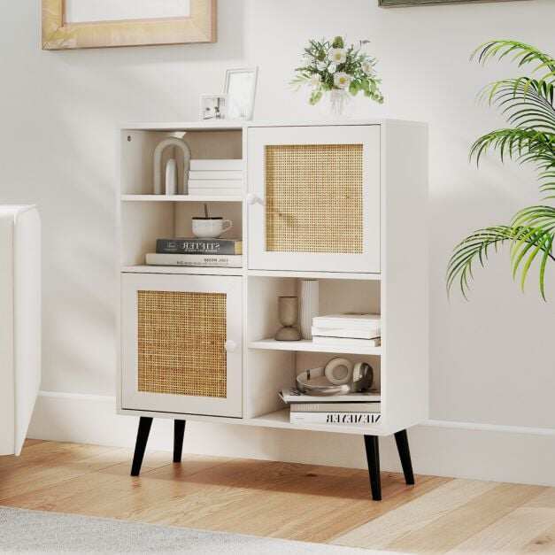 Rattan Sideboard Buffet Cabinet with 4 Cubbies and 2 Rattan-decorated Doors-White
