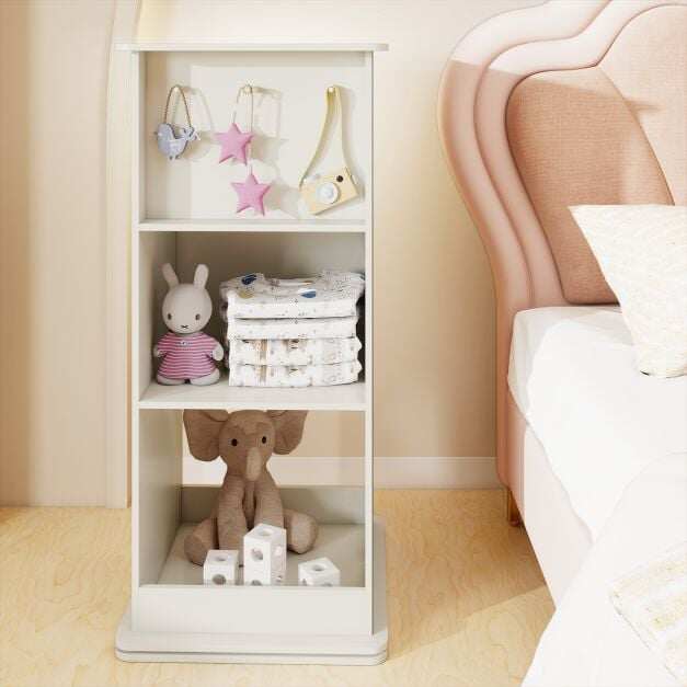 Rotating Children's Bookshelf, 360° Swivel Corner Shelf with Blackboard, Mirror, Hanging Hooks and Compartments, White Rotating Children's Bookshelf, 360° Swivel Corner Shelf with Blackboard, Mirror, Hanging Hooks and Compartments, White