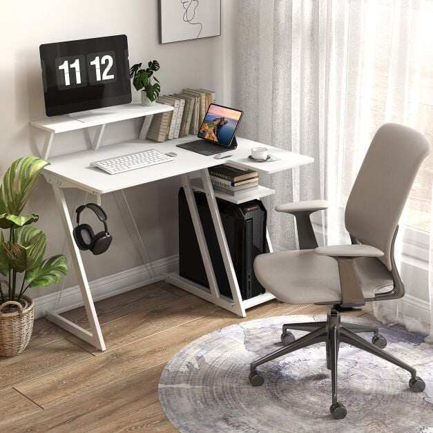 L-Shaped Gaming Desk with Outlets USB Ports and Monitor Shelf-White