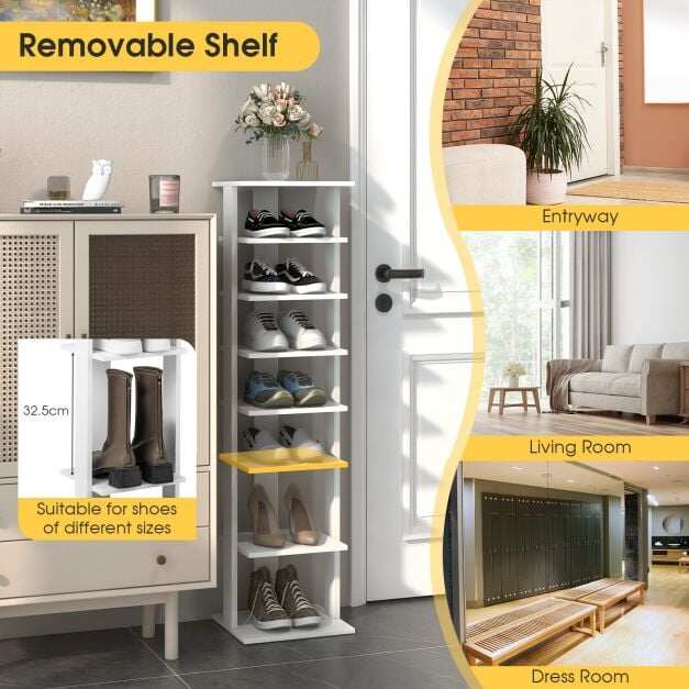7-astmeline puidust kingariiul, kitsas vertikaalne kingalaegas, hoiustusriiul, valge