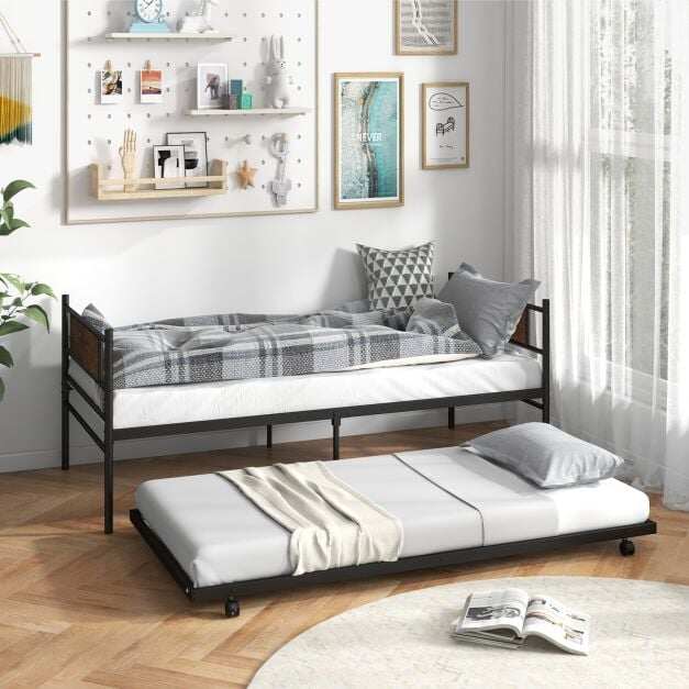 Metal Daybed with Pull-out Trundle Sofa Guest Bed with Wheels-Single Size Metal Daybed with Pull-out Trundle Sofa Guest Bed with Wheels-Single Size