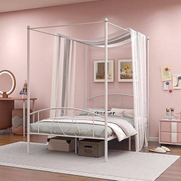 Double Size Metal Canopy Bed Frame-White Double Size Metal Canopy Bed Frame-White
