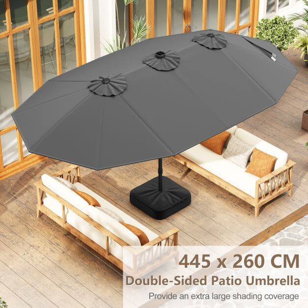 445 cm eriti suur terrassivari LED-päikesetulede ja vändaga - hall