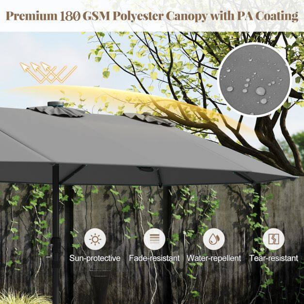 445 cm eriti suur terrassivari LED-päikesetulede ja vändaga - hall