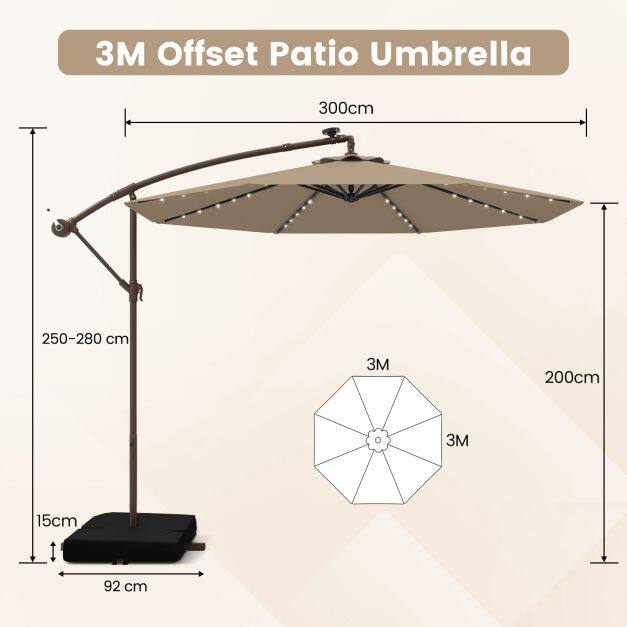 300 cm rippuv nihkega päikesevari 40 LED-tulega, päikesepaneelide ja patareidega - kohvivärvi