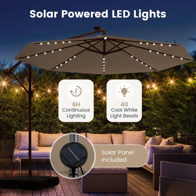 300 cm rippuv nihkega päikesevari 40 LED-tulega, päikesepaneelide ja patareidega - kohvivärvi