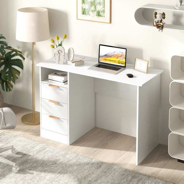 Home Office Desk with Power Outlet and 3 Storage Drawers-White Home Office Desk with Power Outlet and 3 Storage Drawers-White