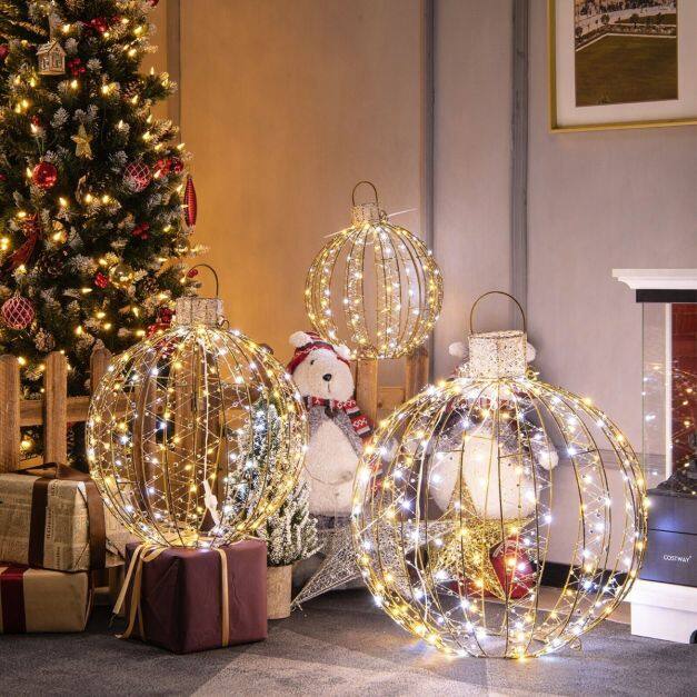 Costway 3 Pieces Christmas LED Ball Lights with 30 Cable Ties for Tree Lawn Garden-Golden Costway 3 Pieces Christmas LED Ball Lights with 30 Cable Ties for Tree Lawn Garden-Golden
