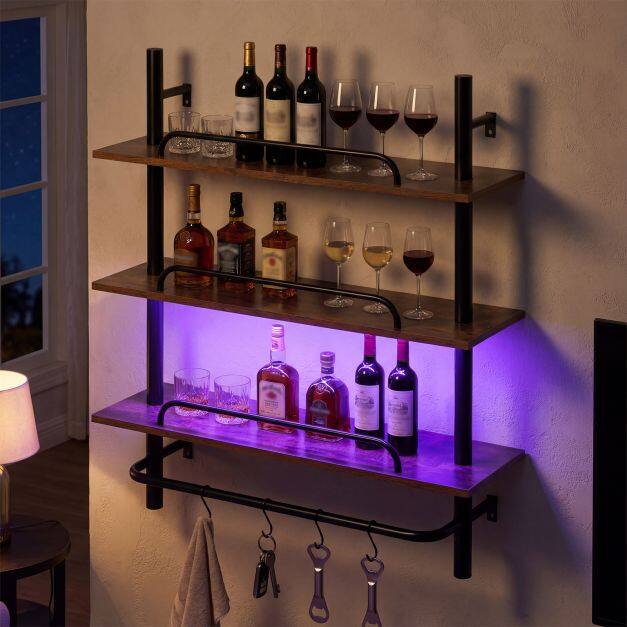 Seinariiul, 3-tasandiline ujuvriiul LED-valgustusega, puldi ja rakendusega juhtimine, 4 S-konksu, industriaalne stiil, 80,5 x 24 x 97 cm, must