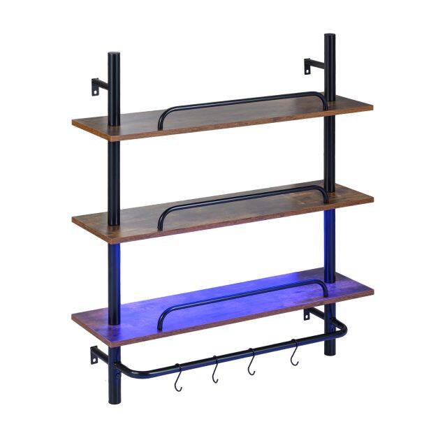 Seinariiul, 3-tasandiline ujuvriiul LED-valgustusega, puldi ja rakendusega juhtimine, 4 S-konksu, industriaalne stiil, 80,5 x 24 x 97 cm, must