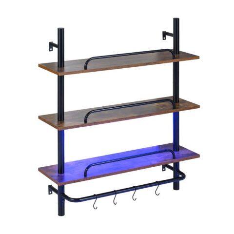 Seinariiul, 3-tasandiline ujuvriiul LED-valgustusega, puldi ja rakendusega juhtimine, 4 S-konksu, industriaalne stiil, 80,5 x 24 x 97 cm, must