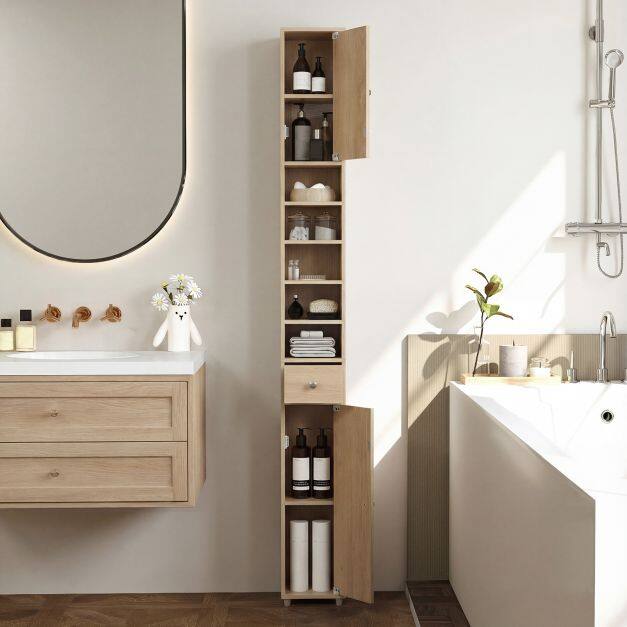 180CM Tall Freestanding Bathroom Cabinet with 2 Doors and 1 Drawer-Natural 180CM Tall Freestanding Bathroom Cabinet with 2 Doors and 1 Drawer-Natural