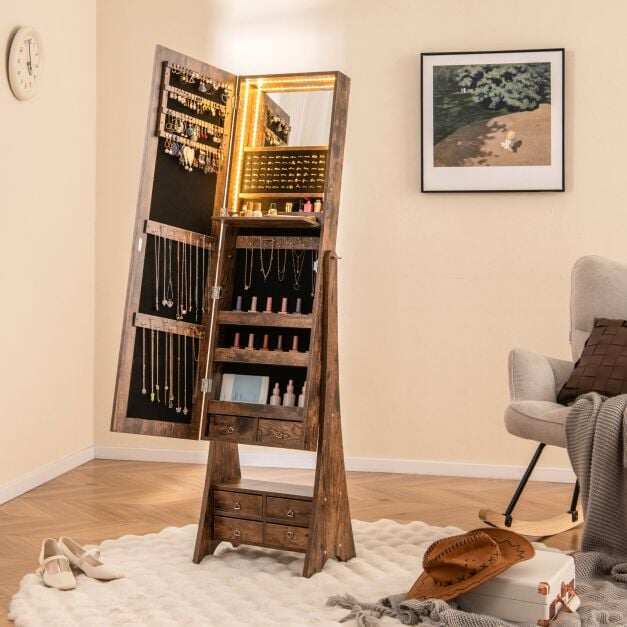 3-Color LED Lighted Jewelry Cabinet with Full-Length Mirror and Adjustable Tilt Angles-Rustic Brown 3-Color LED Lighted Jewelry Cabinet with Full-Length Mirror and Adjustable Tilt Angles-Rustic Brown