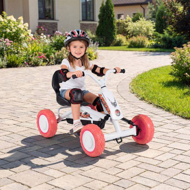 Laste pedaalidega gokart, 4 ratast, 2-positsiooniline iste ja kulumiskindlad rattad - valge