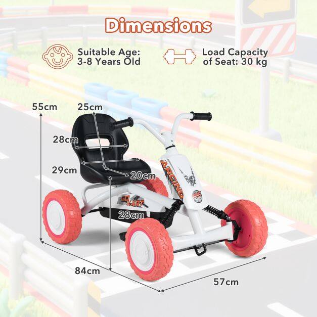 Laste pedaalidega gokart, 4 ratast, 2-positsiooniline iste ja kulumiskindlad rattad - valge