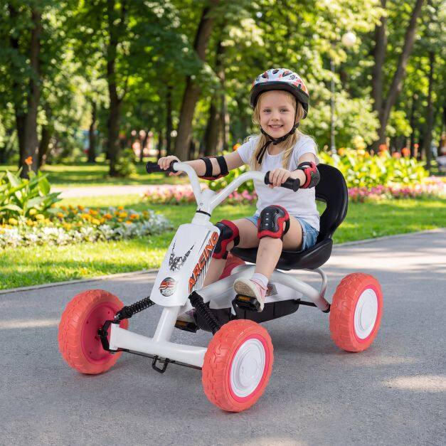 Laste pedaalidega gokart, 4 ratast, 2-positsiooniline iste ja kulumiskindlad rattad - valge