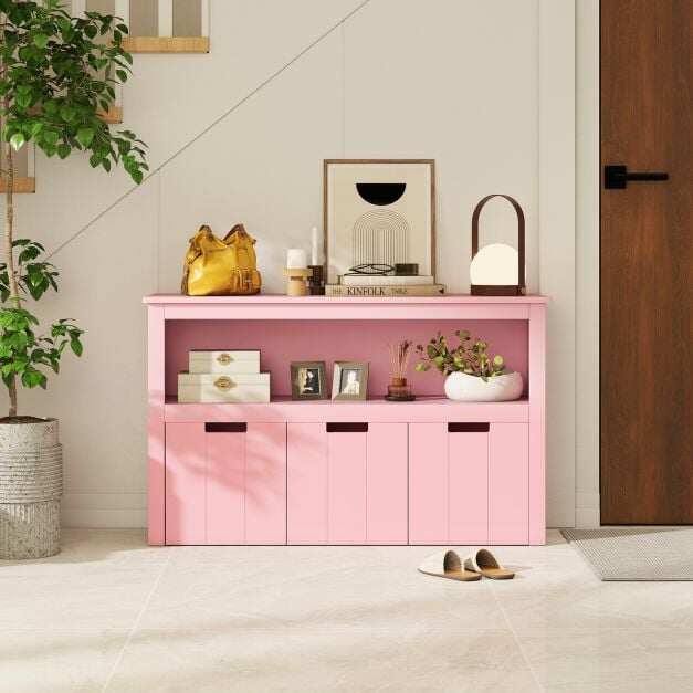 Storage Cabinet with 3 Drawers, Open Compartments and Curved Handles, 101 x 33 x 62 cm, Pink