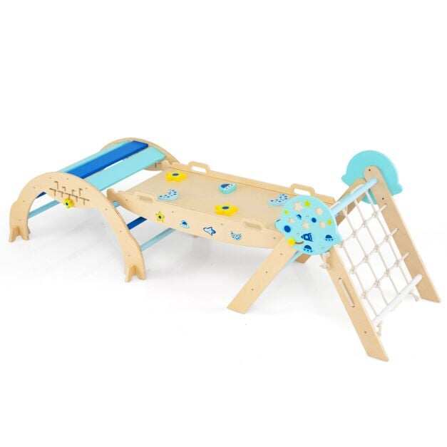 Costway Wooden Folding Triangle Climbing Set with Arch, Ramp, and Climber, Montessori Astronaut Toy for Toddlers with Blocks, Blue
