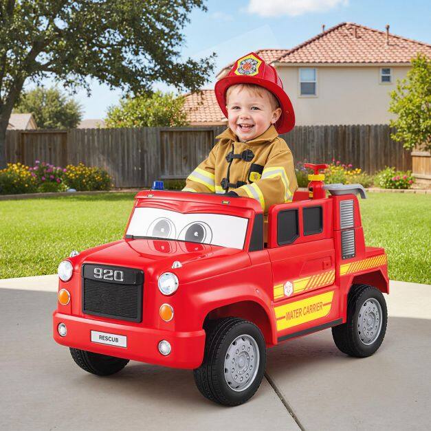 12V Battery Powered Fire Car Toy with Water Sprayer and Remote Control-Red