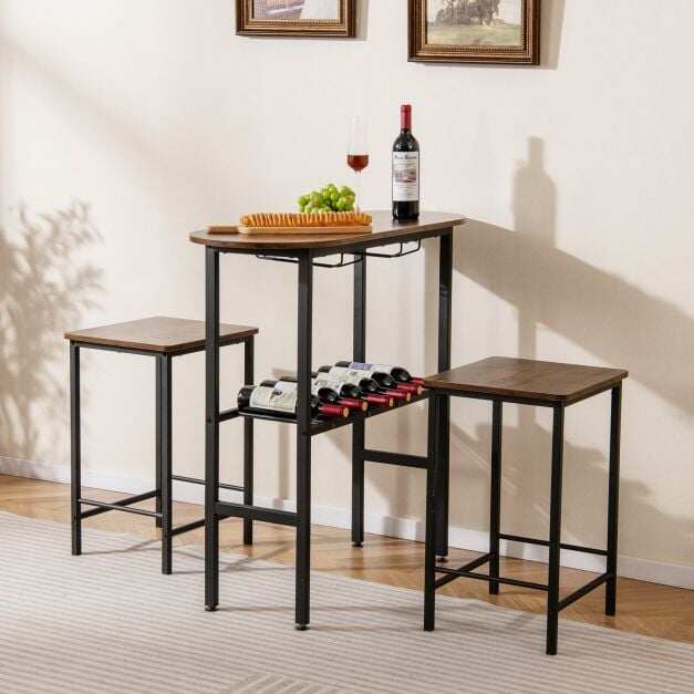 3 Piece Counter Height Table Set with Wine Rack-Brown