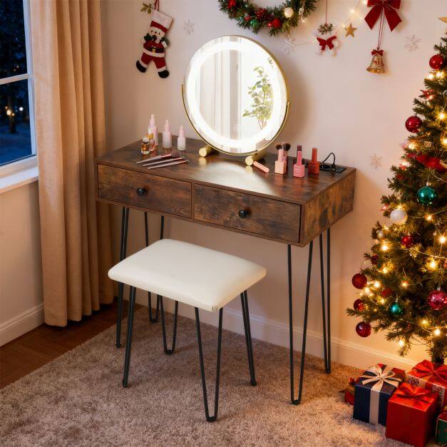 Vanity Desk with Mirror and Lights Makeup Dressing Table-Rustic Brown Vanity Desk with Mirror and Lights Makeup Dressing Table-Rustic Brown