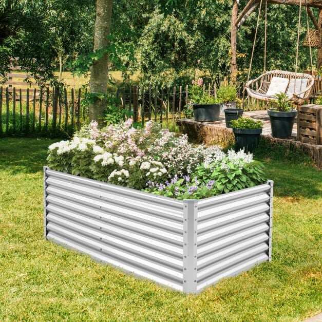 60 cm kõrgpeenar avatud põhjaga, ristkülikukujuline metallist lillepott paksu nurgakaitsega, 180 x 95 x 60 cm, hõbedane