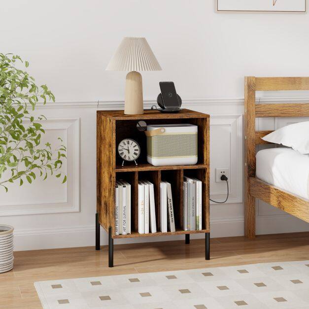 Record Player Stand with Charging Station and 5 Storage Compartments-Brown
