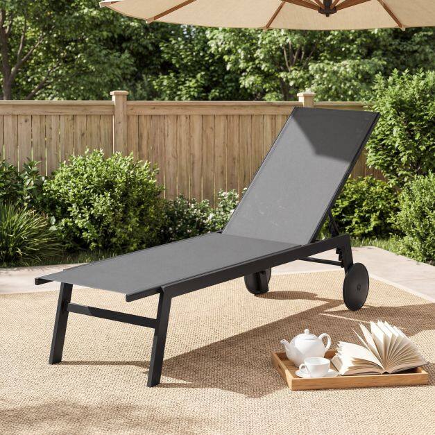 Sun lounger with wheels, garden lounger with adjustable backrest and quick-drying fabric, grey