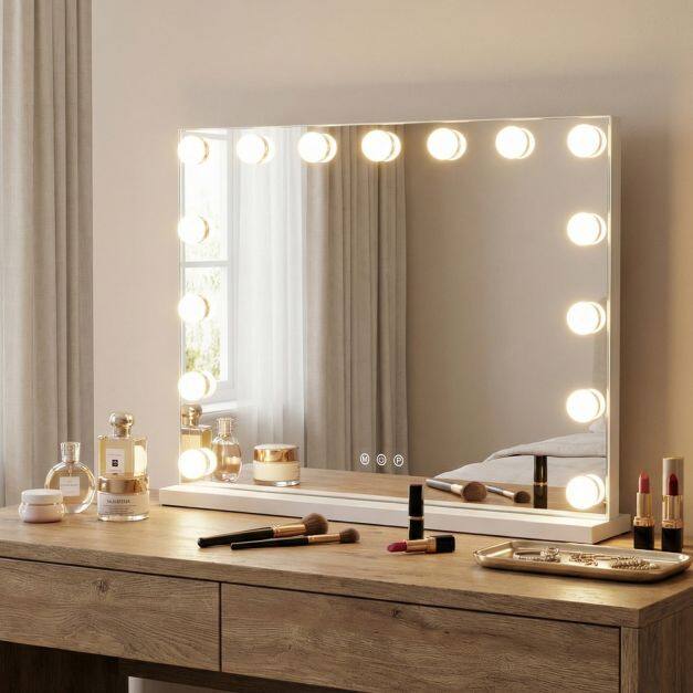 Hollywood Vanity Mirror with 3 Light Colors and Adjustable Brightness-White-M