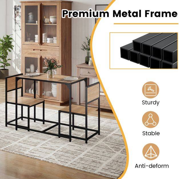 3-osaline söögilaua komplekt metallraami ja madala seljatoega - naturaalne