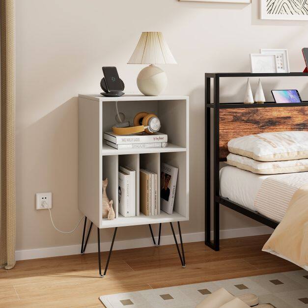 3-Tier Record Player Stand with Charging Station Shelf and 4 Dividers-White 3-Tier Record Player Stand with Charging Station Shelf and 4 Dividers-White