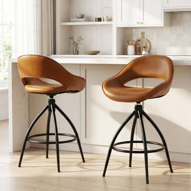 Swivel Bar Stools Set of 2 Counter Height Barstools with Backrest and Footrest-Brown