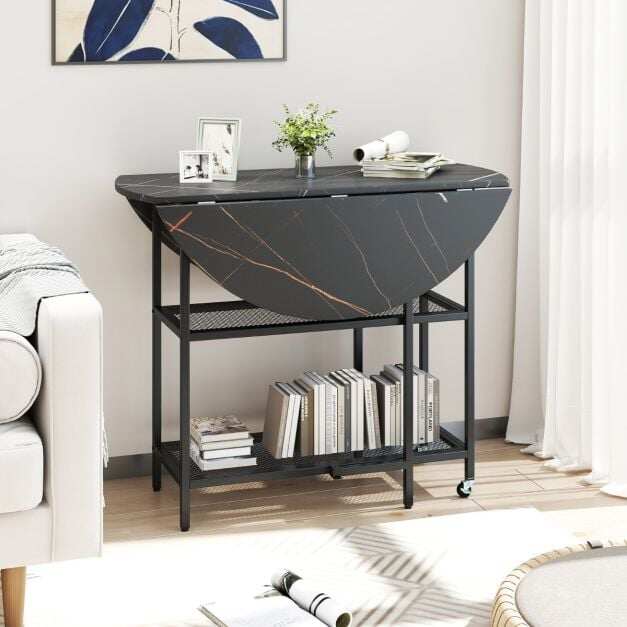Round Kitchen Table Modern Dining Table with Drop Leaf Tabletop-Black Round Kitchen Table Modern Dining Table with Drop Leaf Tabletop-Black