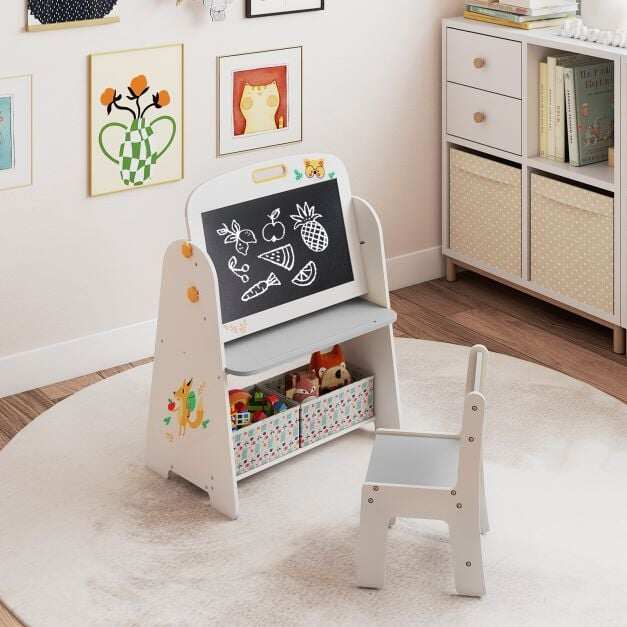 Kids Table and Chair Set 4 in 1 Art Easel and Shelf with Magnetic Whiteboard and Blackboard for Drawing Grey