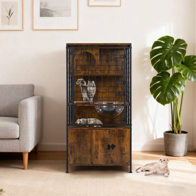 Wooden Cat Tree, Multi-Level Cat Cabinet with Metal Frame, Bowl, Access Holes, Storage Cabinet, and Mesh Door