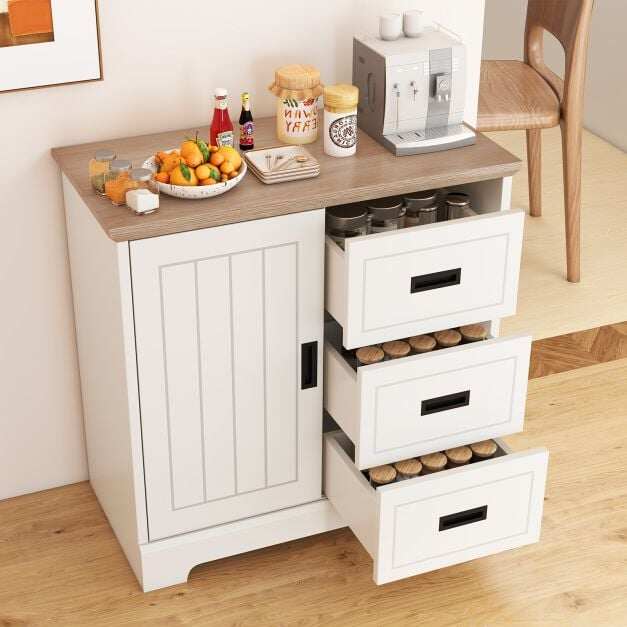 Farmhouse Sideboard Buffet Cabinet with Sliding Doors and 3 Drawers-White Farmhouse Sideboard Buffet Cabinet with Sliding Doors and 3 Drawers-White