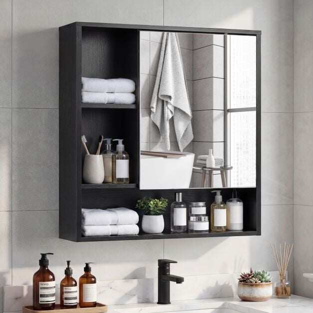 Bathroom Wall Mirror Cabinet with Single Door and 3 Open Shelves-Black Bathroom Wall Mirror Cabinet with Single Door and 3 Open Shelves-Black