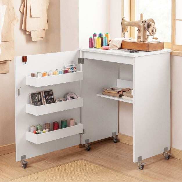 Kokkupandav õmbluslaud, rulluv käsitööjaam hoiuruumiga, 3 peidetud konteinerit, mobiilne õmbluslaud, 118,5 x 40 x 79,5 cm, valge