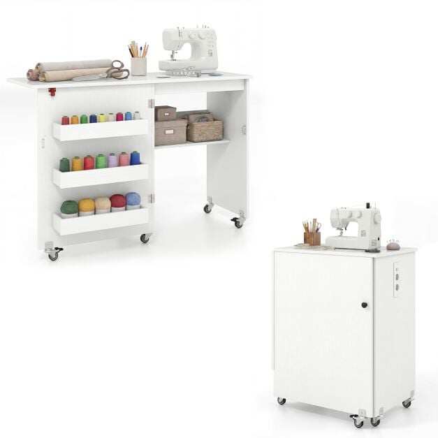 Kokkupandav õmbluslaud, rulluv käsitööjaam hoiuruumiga, 3 peidetud konteinerit, mobiilne õmbluslaud, 118,5 x 40 x 79,5 cm, valge