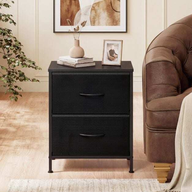 Set of 2 bedside tables/side tables with 2 fabric drawers & metal frame, modern nightstand, black Set of 2 bedside tables/side tables with 2 fabric drawers & metal frame, modern nightstand, black