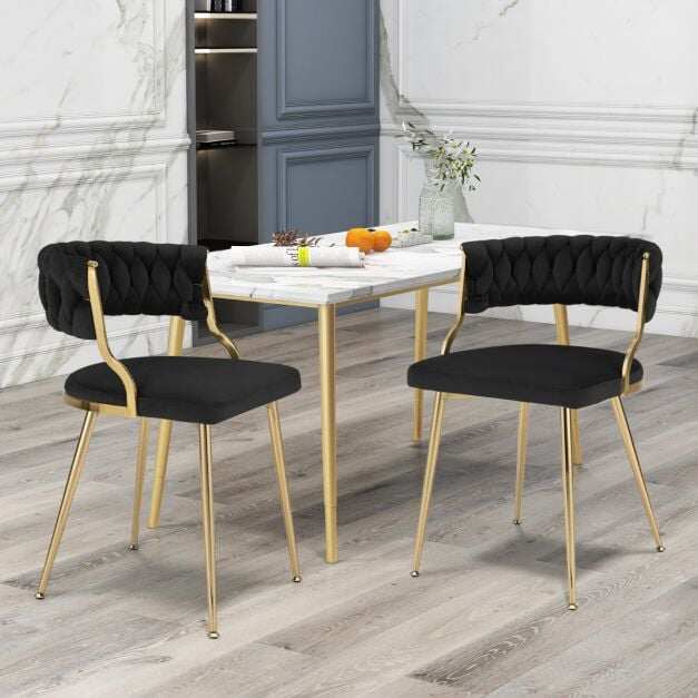 Set of 2 Velvet Dining Chair with Metal Legs and Woven Back-Black