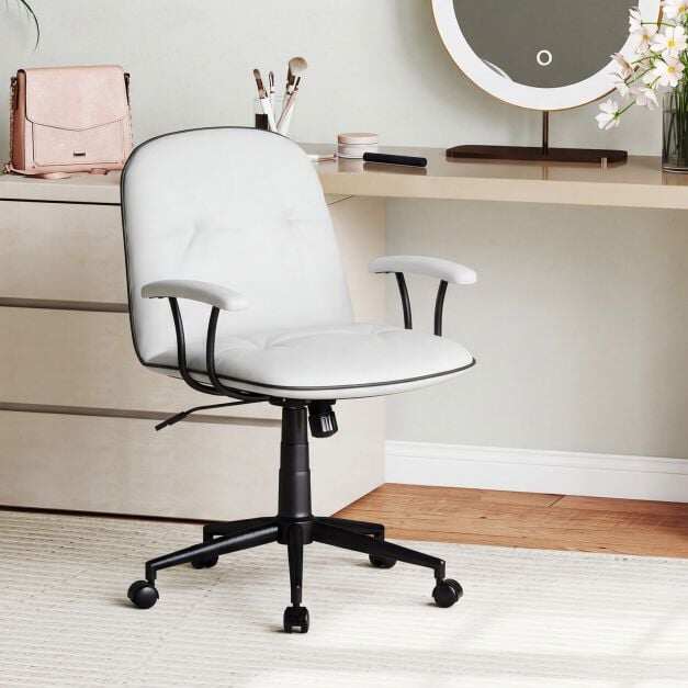 Ergonoomiline kontoritool, kunstnahast lauatool polsterdatud käetugede ja laia istmega, valge