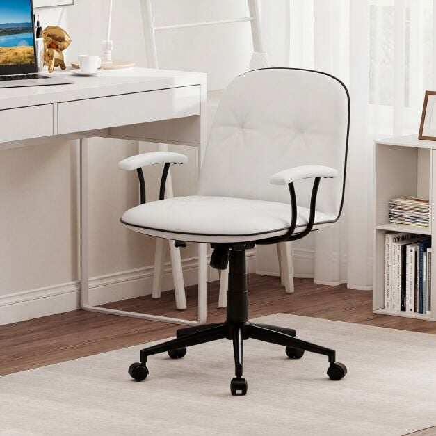 Ergonoomiline kontoritool, kunstnahast lauatool polsterdatud käetugede ja laia istmega, valge